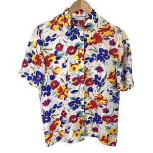 Vintage Ann Tjian for Kenar Shirt Women's M Floral 100% Silk Button-up Colorful